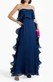 Navy blue strapless pleated maxi dress with tiered ruffles for special occasions - Navy Blue