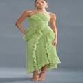 Elegant lime green pleated halter neck backless maxi dress with ruffle details - Light Green