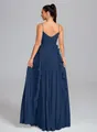 Elegant navy blue pleated evening gown with ruffled back details - S / Dresses / Navy Blue