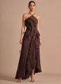 Elegant chocolate brown pleated halter maxi dress with ruffle detailing for women - Brown
