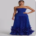 Élégante robe de soirée bustier bleu roi avec jupe plissée et détails de pétales 3D - Bleu saphir