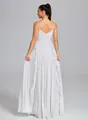 Elegant white pleated maxi dress featuring spaghetti straps and ruffles, back view - S / Dresses / White