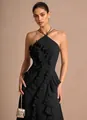 Elegant black pleated halter dress with ruffled details for summer evening parties - Black