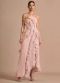 Elegant pink pleated halter maxi dress with ruffle detailing and asymmetric hem for women - Light Pink