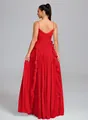 Elegant floor-length red pleated evening gown with spaghetti straps and ruffle back details - Red