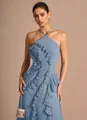Elegant dusty blue pleated halter neck dress with front ruffles and backless design. - Lake Blue