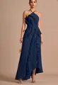 Elegant navy blue pleated halter neck maxi dress featuring delicate ruffle detailing - Dark Blue