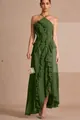 Elegant olive green pleated halter maxi dress with tiered ruffles and asymmetrical hem - Army Green