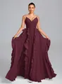 Elegant burgundy pleated maxi dress featuring tiered ruffles and delicate spaghetti straps - Lotus Pink