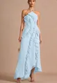 Elegant light blue pleated halter maxi dress with ruffle detailing for summer fashion - Sky Blue