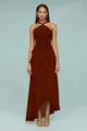 Elegant chocolate brown pleated halter maxi dress with layered ruffles for summer events - Burgundy