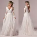 Detailed front and back views of an elegant V-neck lace wedding dress with a train - US2 / Dresses / Off White