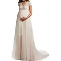 Elegant white lace maternity wedding dress with high waist and small tulle train. - US2 / Dresses / Off White