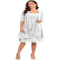 Elegant silver strapless evening dress featuring matching sheer shawl and ruffled hemline - US16 / Set / White