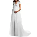 Elegant white maternity wedding dress with lace bodice and pleated chiffon skirt detail - US2 / Dresses / White