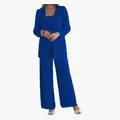 Elegant royal blue three-piece evening set with lace cardigan and wide-leg chiffon pants - US0 (XS) / Top And Bottom / Sapphire Blue
