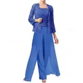 Elegante completo donna con giacca in pizzo blu reale e pantaloni larghi in chiffon - Blu zaffiro