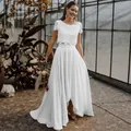 Elegant two-piece white lace and satin bridal wedding dress for outdoor lawn weddings - US0 (XS) / Top And Bottom / Pure White