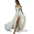 Elegant off-shoulder wedding dress with high slit and long train for modern brides - US2 / Ivory