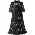 Elegant black off-the-shoulder evening gown with yellow floral embroidery and puff sleeves - US16 / Dresses / Black