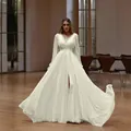 Vestido de novia marfil de manga larga con cuello en V y abertura lateral elegante - Marfil / US8 (XL)