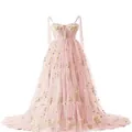 Elegant pink long evening gown with floral embroidery and ribbon straps for prom - US 26W / Dresses / Pink (Spaghetti Strap)