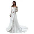Elegante vestido de novia blanco con hombros descubiertos, mangas de encaje y abertura - US0(XS) / Vestidos / Blanco