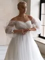 Elegant off-the-shoulder wedding dress with pleated puff sleeves and A-line tulle skirt - US2 / Dresses / Ivory