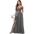 Elegant grey off-the-shoulder bridesmaid dress featuring a long pleated skirt and side slit - 2 / Dresses / Gray