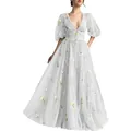 Elegant V-neck grey mesh evening gown featuring floral embroidery and puff sleeves. - US16 / Dresses / White