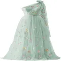 Elegant floor-length light green one-shoulder tulle gown with floral embroidery details - US16 / Dresses / One Shoulder Mint Green