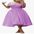 Elegant lavender purple off-shoulder cocktail party dress with a pleated A-line flared skirt - US 26W / Dresses / Lilac Purple
