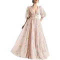 Detailed view of delicate floral embroidery and puff sleeves on pink V-neck prom dress - US16 / Dresses / Pink