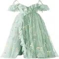 Elegant sage green floral embroidery off-shoulder evening maxi dress for parties - US16 / Dresses / Mint Green