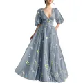 Detail view of floral embroidery and tulle fabric on blue V-neck evening party dress - US16 / Dresses / Grey Blue