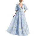Detail showing the elegant light blue floral v-neck prom dress with puff sleeves. - US16 / Dresses / Light Blue