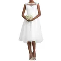 Elegant vintage white lace midi wedding dress with sheer neckline and A-line tulle skirt - XL / Dresses / Pure White