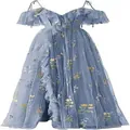 Blue off-the-shoulder evening dress with delicate floral embroidery and ruffles. - US16 / Dresses / Grey Blue