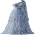 Elegantes hellblaues One-Shoulder Abendkleid mit bunter Blumenstickerei und Tüllrock - US16 / Kleider / Graublau (Eine Schulter)