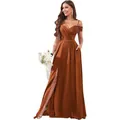 Elegant rust orange off-shoulder bridesmaid dress with high slit and hidden pockets - 2 / Dresses / Caramel color