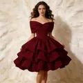 Elegant burgundy off-the-shoulder tiered evening dress for banquets and formal parties - US16 / Dresses / Burgundy