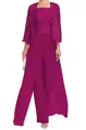 Elegante completo da sera magenta in pizzo e chiffon con cardigan e pantaloni a gamba larga - rosa scuro