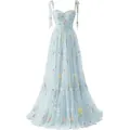 Detail showing elegant light blue floral embroidered tulle gown featuring delicate bow straps - US16 / Dress (Style B) / Light Blue