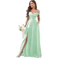 Elegant mint green off-the-shoulder bridesmaid dress with pleated slit for formal weddings - 2 / Dresses / Mint Green