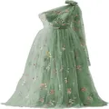 Elegantes langes salbeigrünes One-Shoulder-Abendkleid mit Blumenstickerei aus Tüll - US16 / Kleider / Grün (Einseitig Schulterfrei)