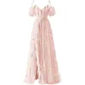 Detail showing floral embroidery and ruffle layers on this elegant pink tulle gown. - US16 / Dresses / Pink