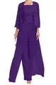 Elegante tuta da sera viola in pizzo con pantaloni a gamba larga in chiffon e cardigan - Magenta scuro