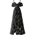 Elegant black V-neck evening gown featuring vibrant floral embroidery and cold-shoulder ruffles - US16 / Dresses / Black
