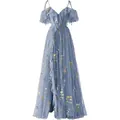 Elegant dusty blue V-neck evening gown featuring delicate floral embroidery and ruffled sleeves. - US16 / Dresses / Grey Blue