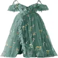 Elegant green spaghetti strap evening gown with floral embroidery and ruffled hem - US16 / Dresses / Malachite green